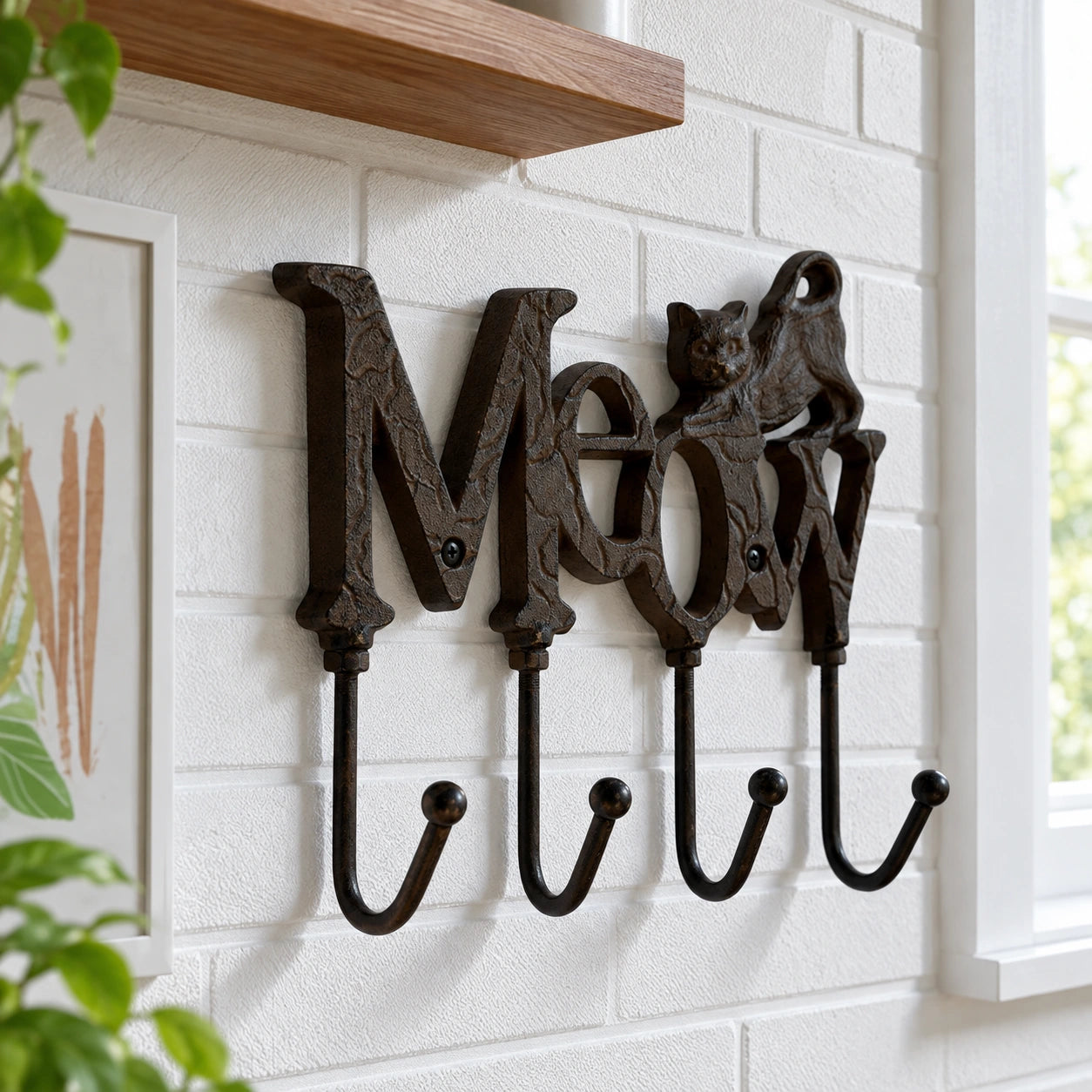 Meow Cat Hook Rack, Cast Iron 4-Hook Wall Mount for Coats and Keys, 8" 56563 shot 4