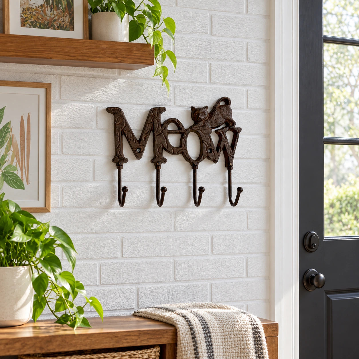 Meow Cat Hook Rack, Cast Iron 4-Hook Wall Mount for Coats and Keys, 8" 56563 shot 5