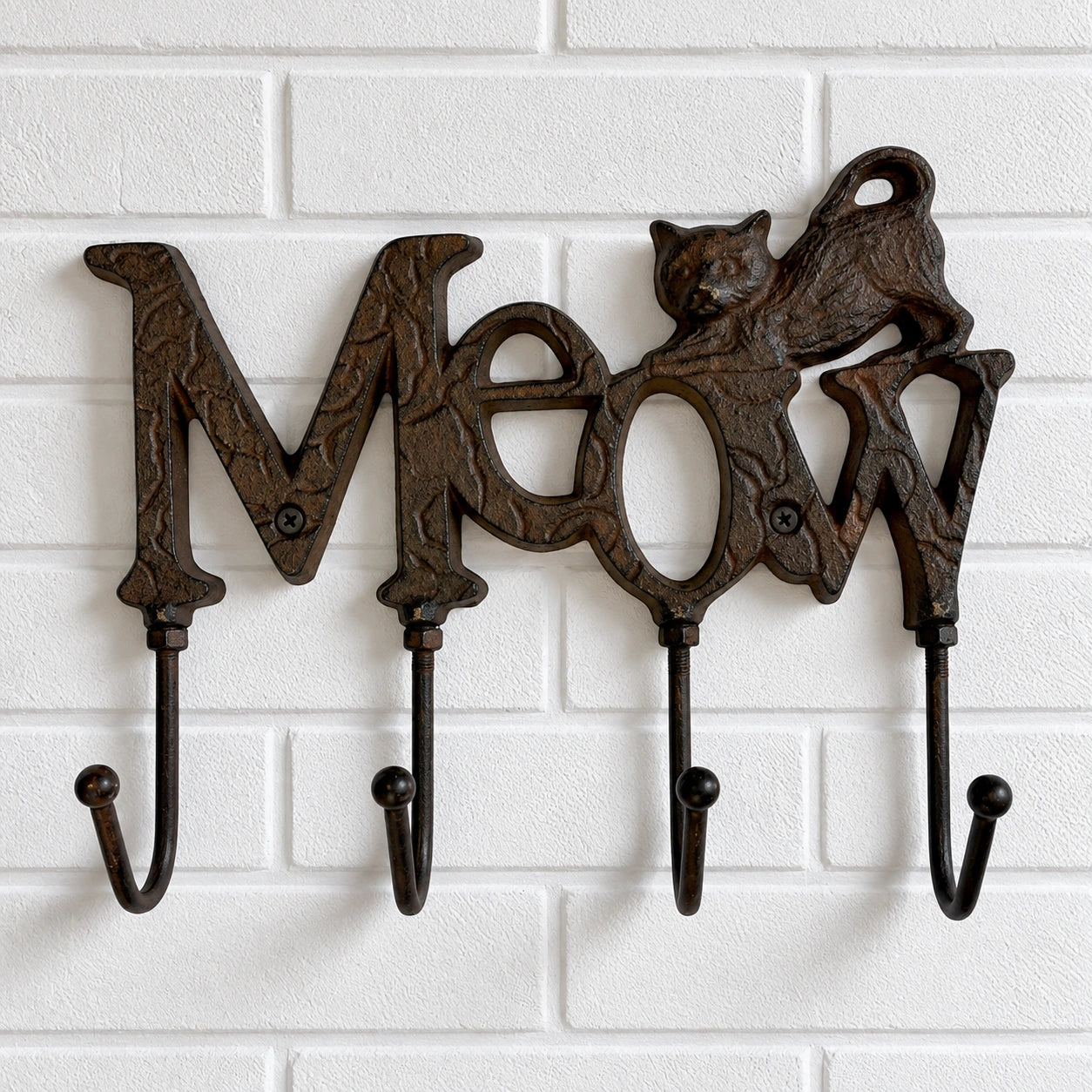 Meow Cat Hook Rack, Cast Iron 4-Hook Wall Mount for Coats and Keys, 8" 56563 shot 1