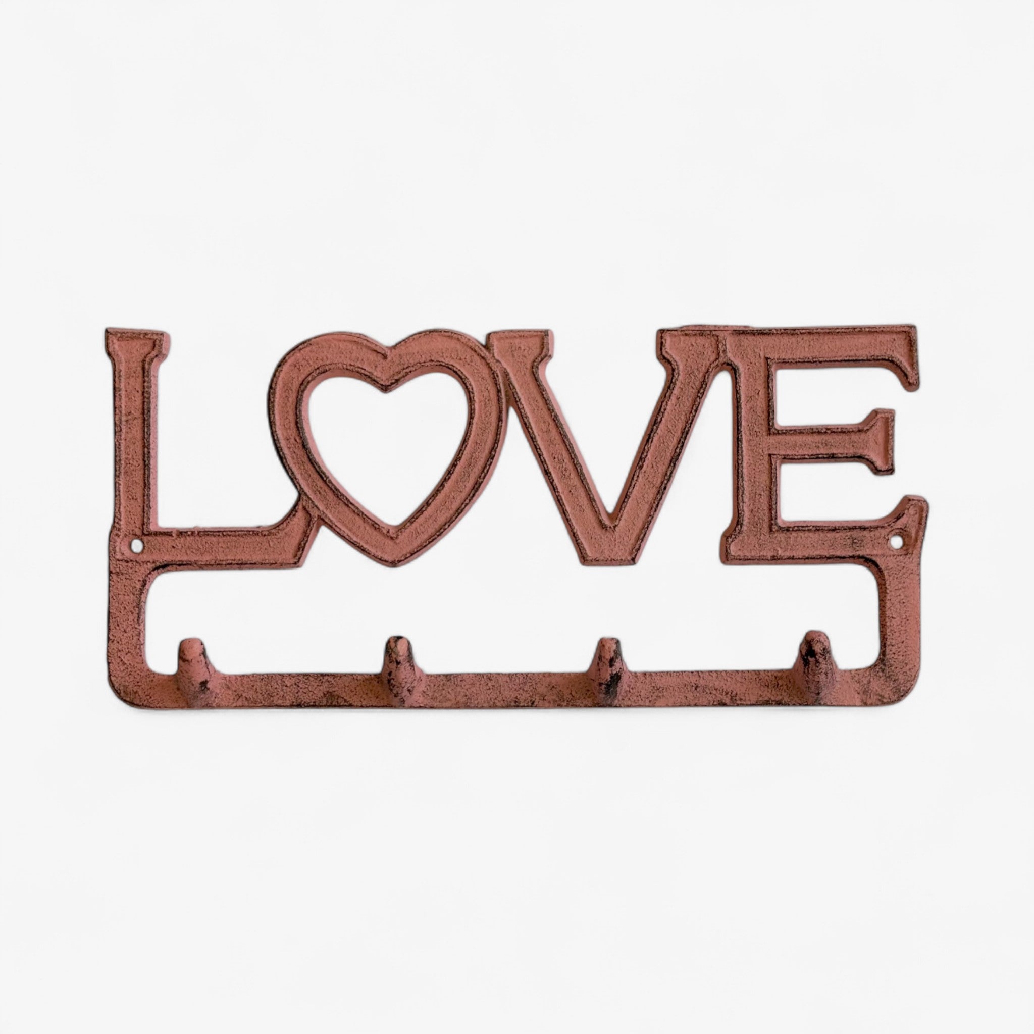 Rustic cast iron LOVE hook rack with cutout heart design and antique terracotta patina