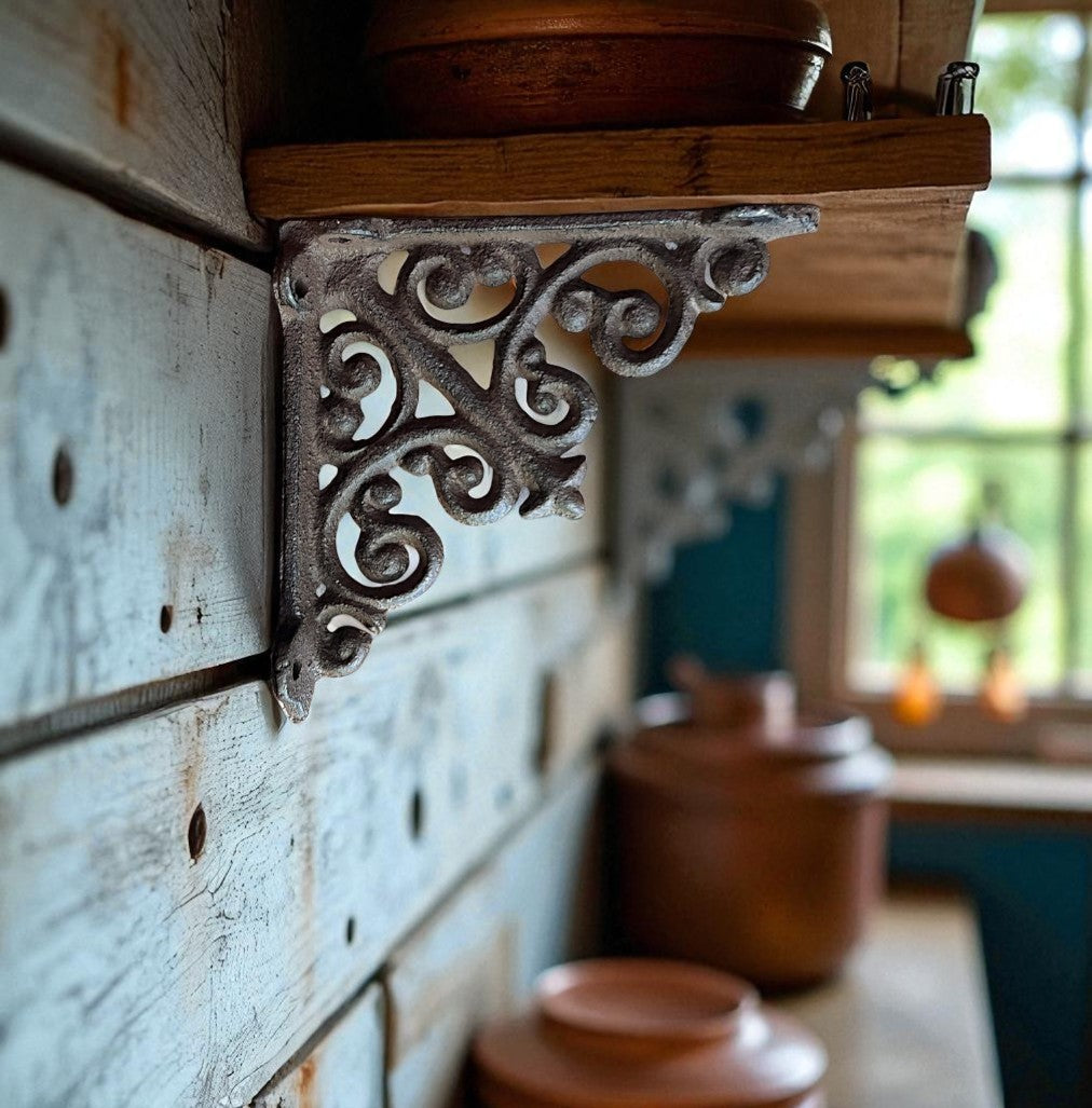 Ornate cast iron scroll shelf bracket with floral scrollwork, brown weathered metal finish