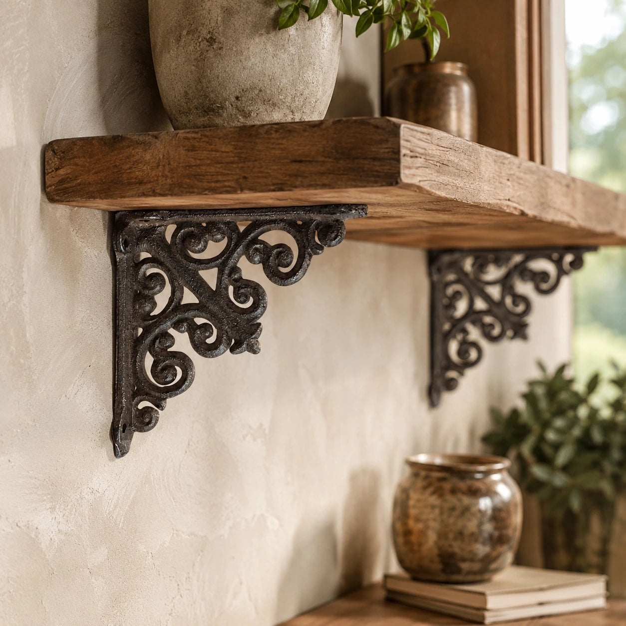 Angled view of black cast iron scrollwork shelf brackets under a wooden wall shelf