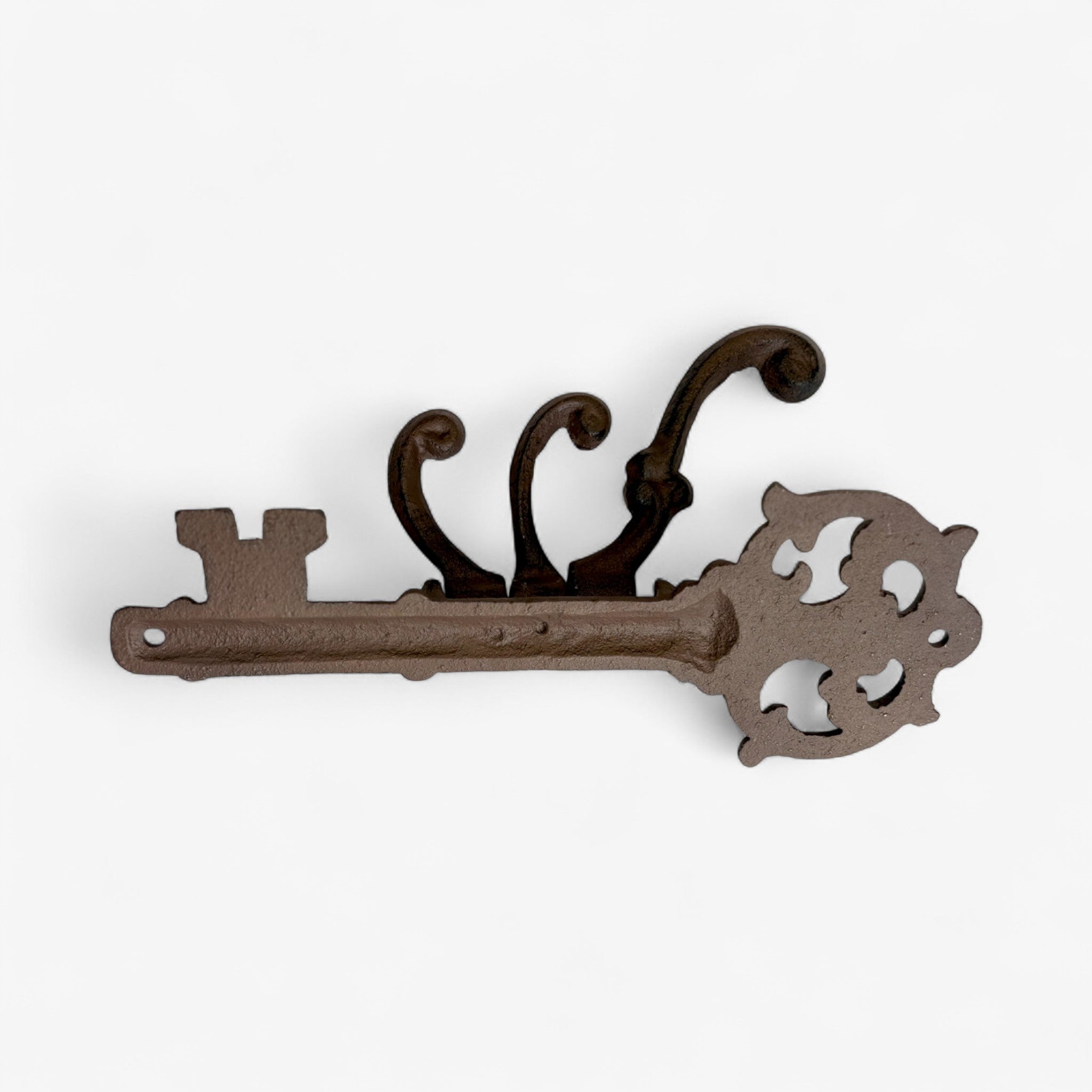 Cast iron skeleton key wall mount with ornate crown and twin curved hooks, aged brown finish