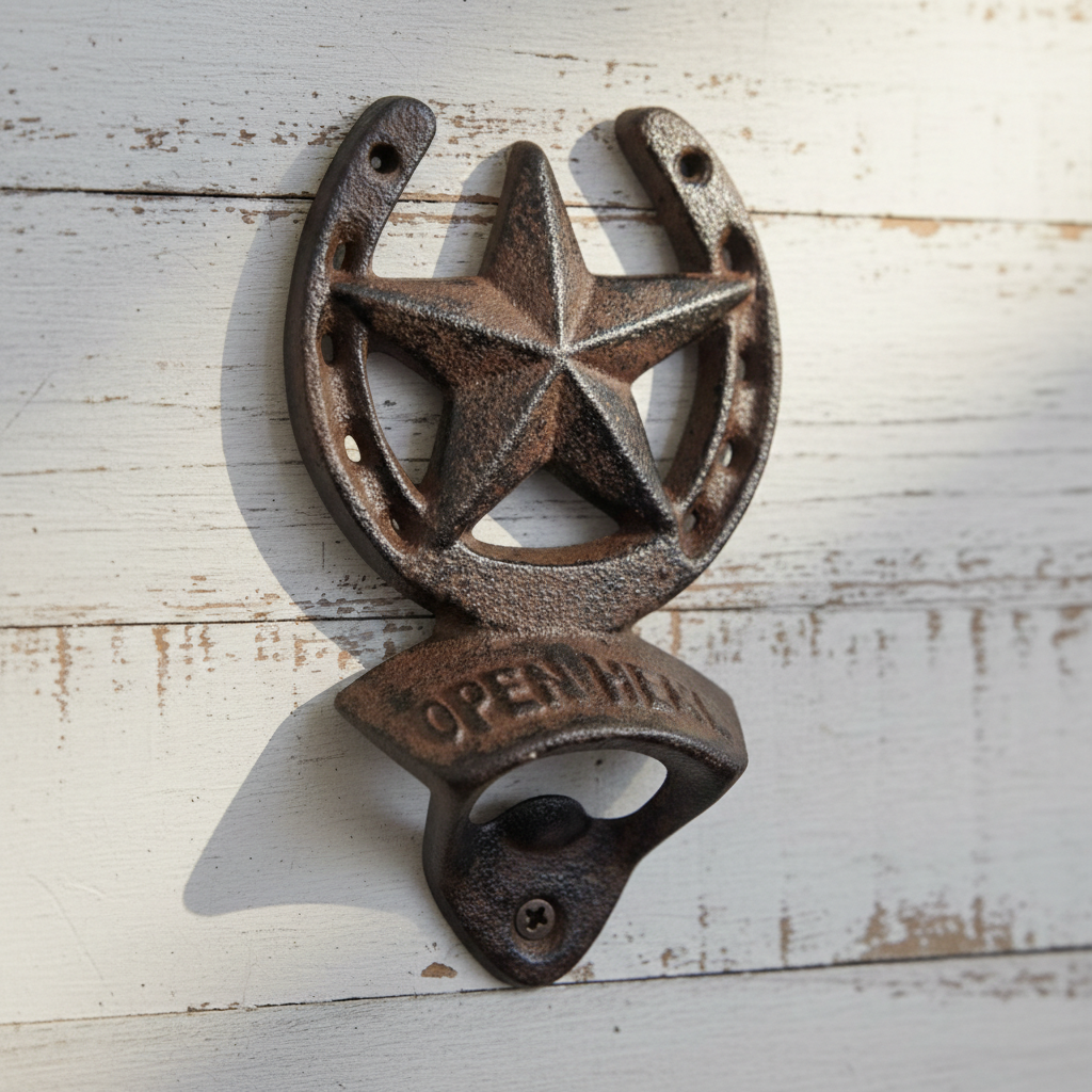 Rustic cast iron star bottle opener with western horseshoe and Opener text emblem