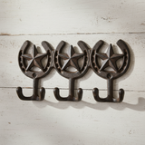 Rustic brown cast iron star and horseshoe hooks wall organizer with triple design