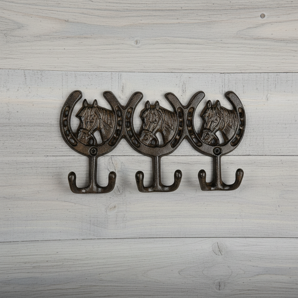 Three bronze cast iron horse head hooks with scrolled brackets, rustic wall rack