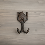 Cast iron horseshoe wall hanger hook for coats and keys with dual curved hooks