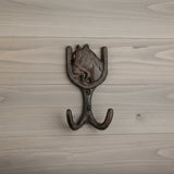 Cast iron horseshoe wall hanger hook for coats and keys with dual curved hooks