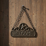 Rustic cast iron welcome sign with star and chain, black textured metal