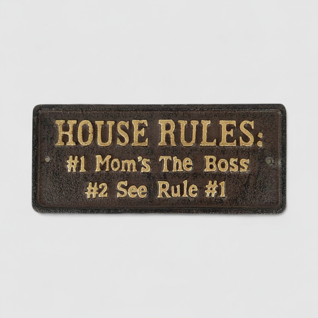 House Rules vintage cast iron wall plaque with aged bronze gold lettering details