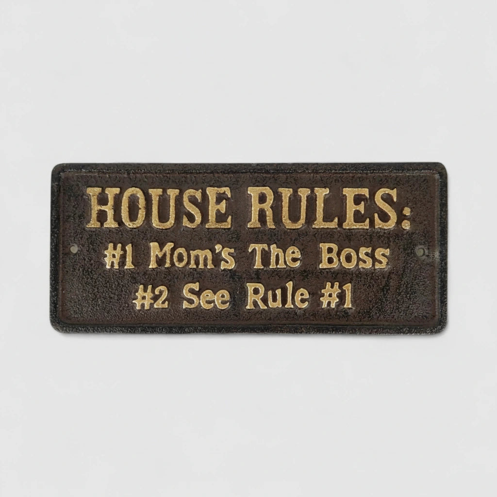 House Rules vintage cast iron wall plaque with aged bronze gold lettering details