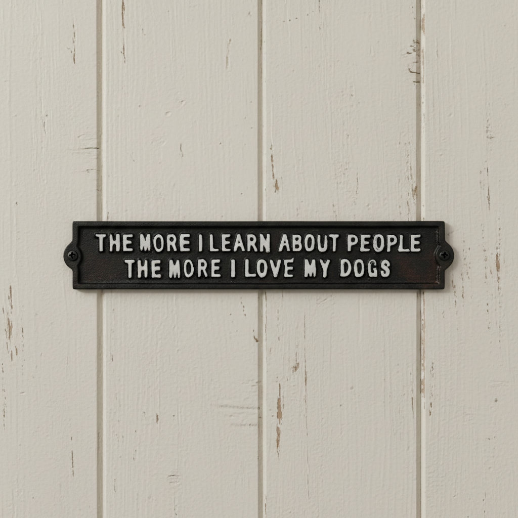 Black cast iron dog plaque mounted on white shiplap wall with text about loving dogs more than people