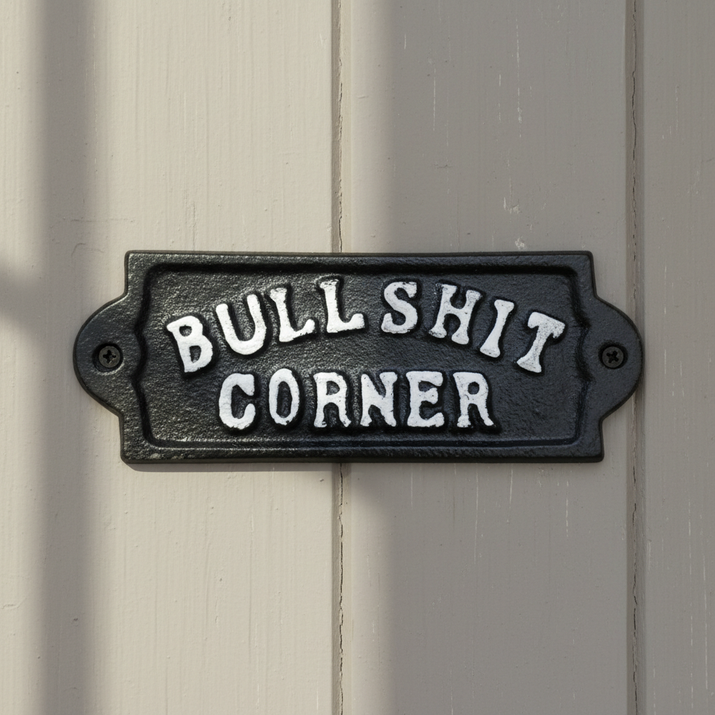 Cast iron Bullshit Corner wall plaque, black finish, white text, humorous home decor sign