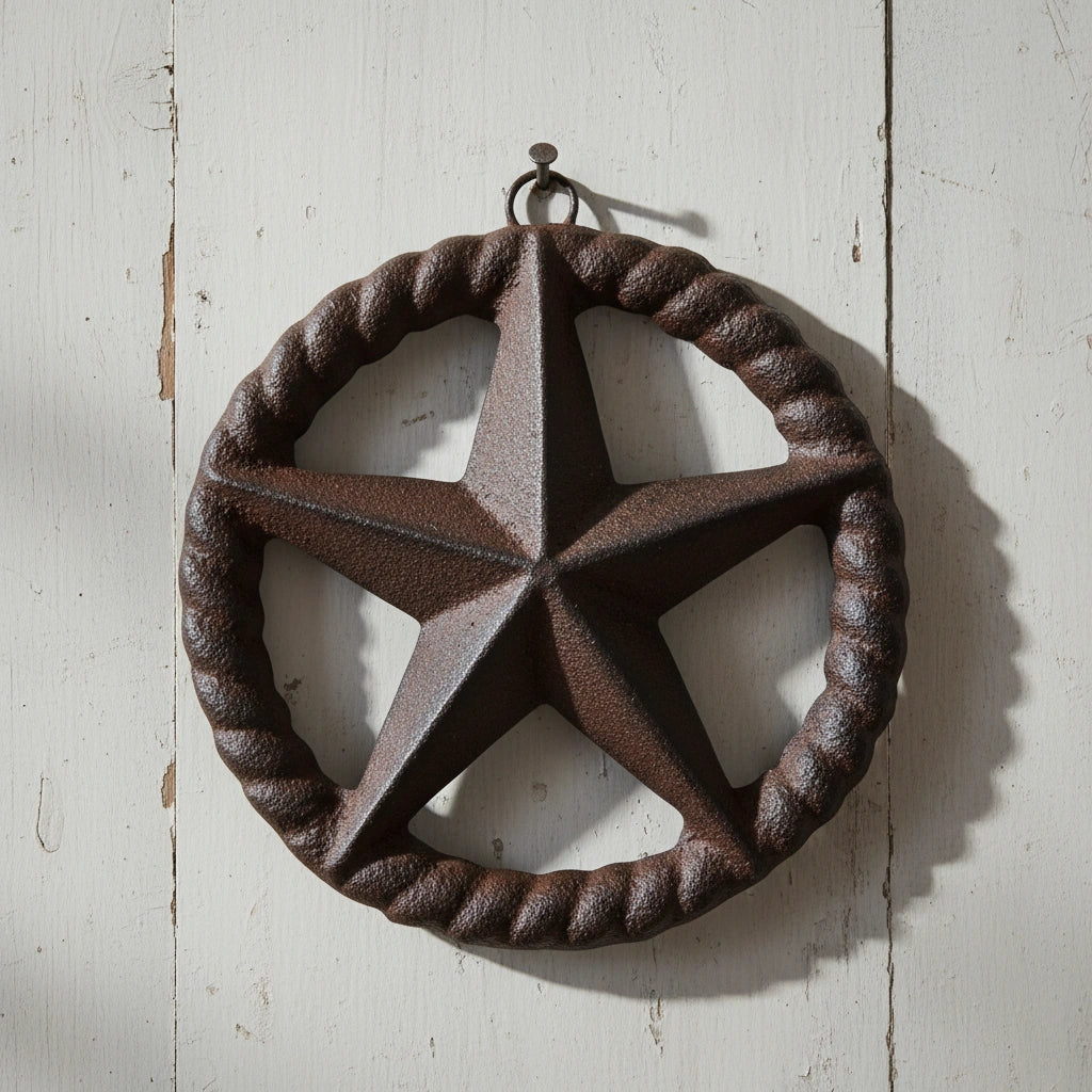 Dark brown cast iron western star wall decoration with rope edge detail and loop