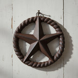 Dark brown cast iron western star wall decoration with rope edge detail and loop
