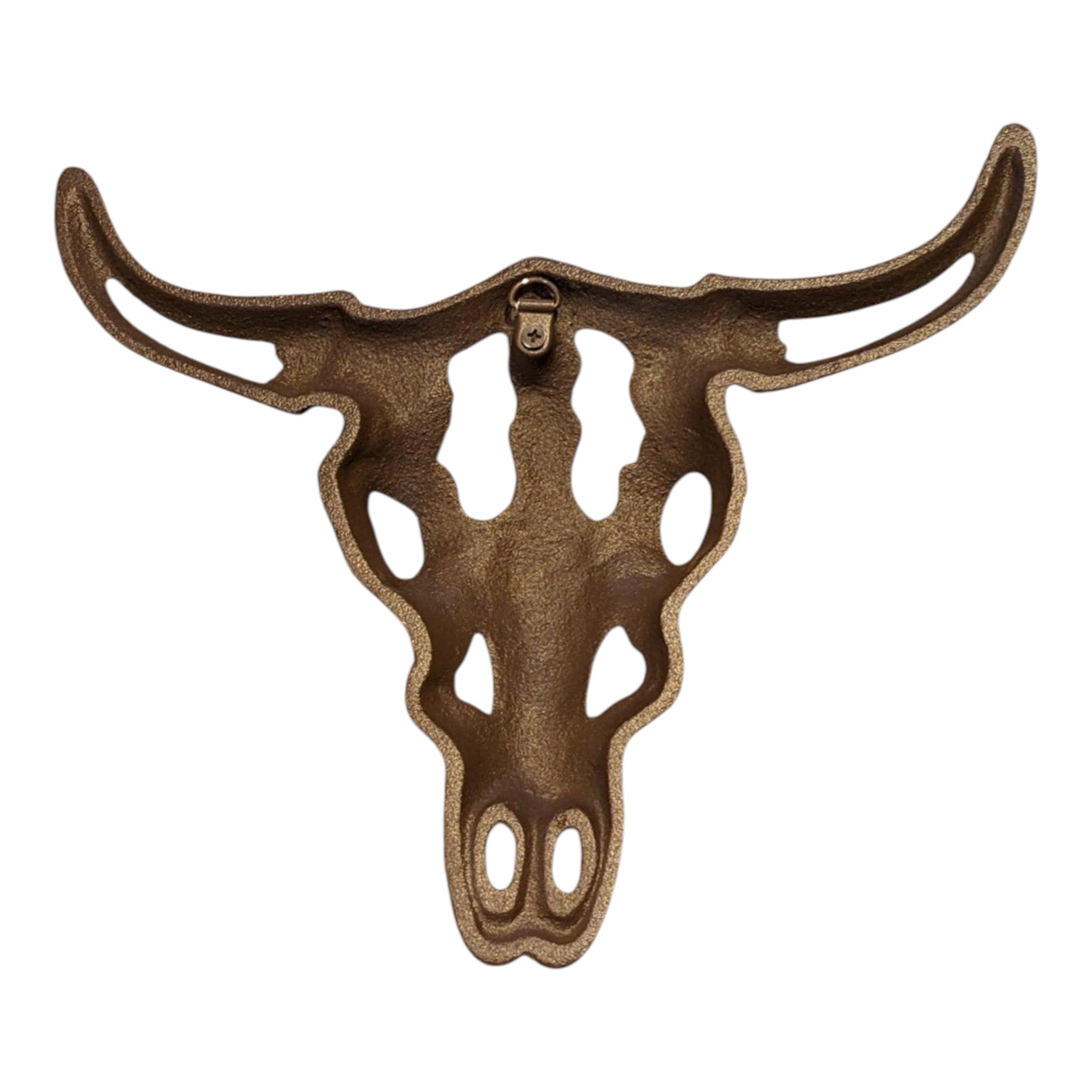 Decorative cast iron bull skull viewed from front showcasing intricate carved features and bronze finish
