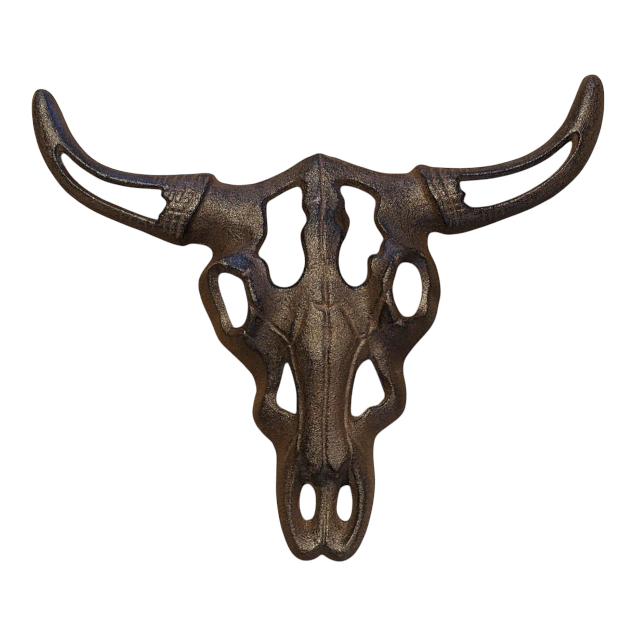 Cast iron bull skull wall accent with textured bronze surface and three-dimensional horns