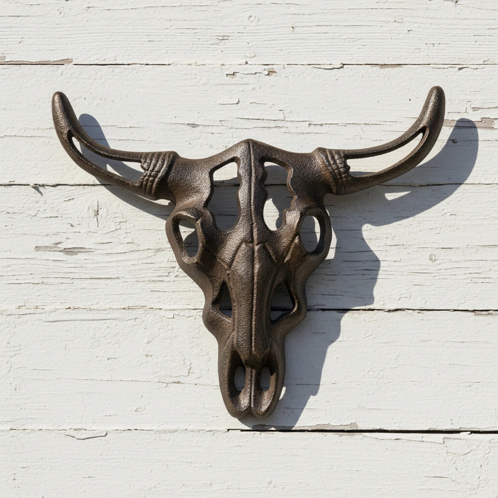 Bronze cast iron bull skull wall decor with ornate details and weathered patina finish