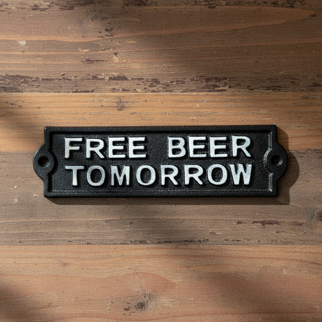 Cast iron Free Beer Tomorrow bar sign, black metal plaque, white lettering, funny wall decor