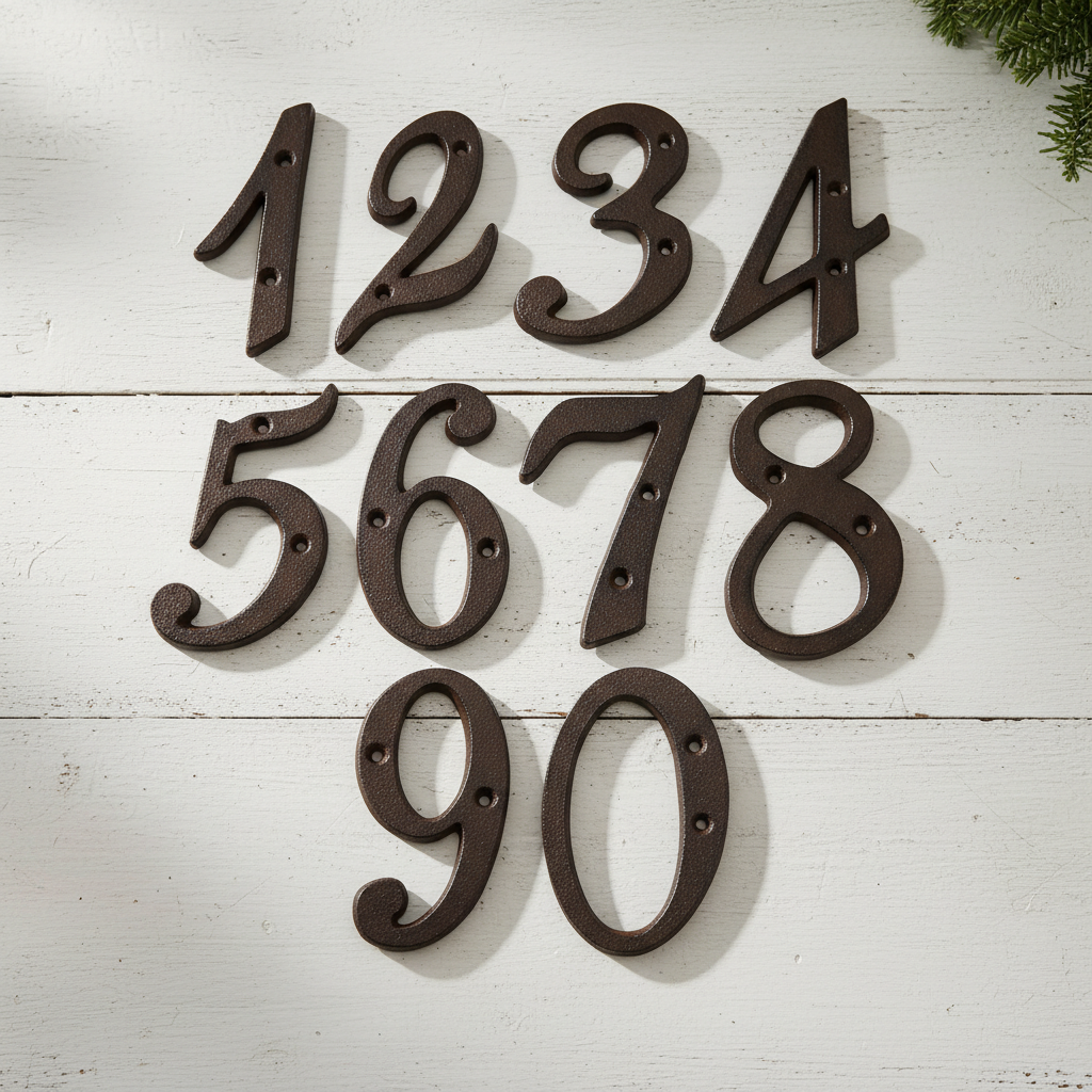 Rustic cast iron house numbers 1234-5678-90, antique dark brown metal address set on white wood wall
