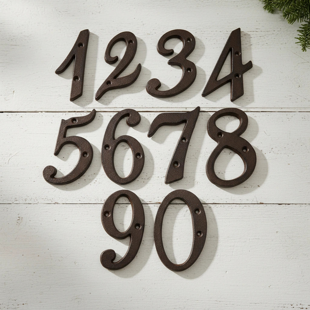 Rustic cast iron house numbers 1234-5678-90, antique dark brown metal address set on white wood wall