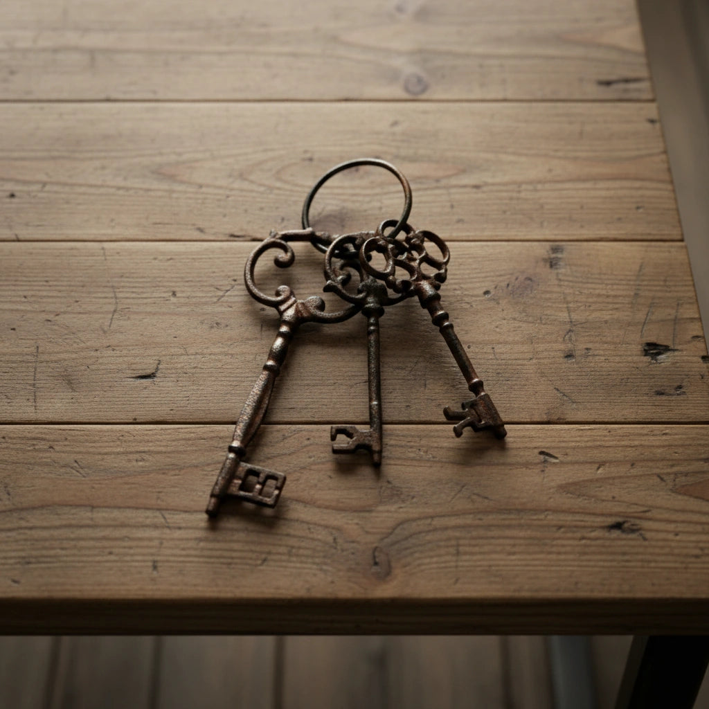 Antique cast iron skeleton key set with ornate handles and worn bronze finish on wood