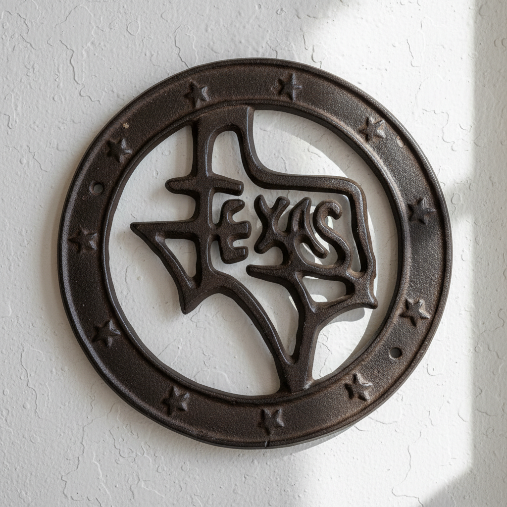 Brown cast iron Texas Lone Star wall plaque with rope border and mounting hole