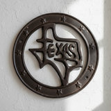 Brown cast iron Texas Lone Star wall plaque with rope border and mounting hole