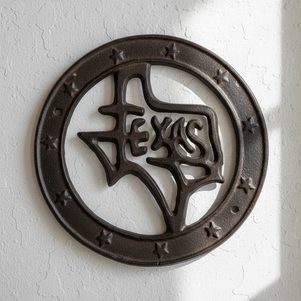 Brown cast iron Texas Lone Star wall plaque with rope border and mounting hole