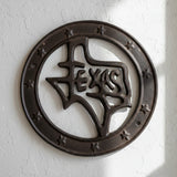 Brown cast iron Texas Lone Star wall plaque with rope border and mounting hole