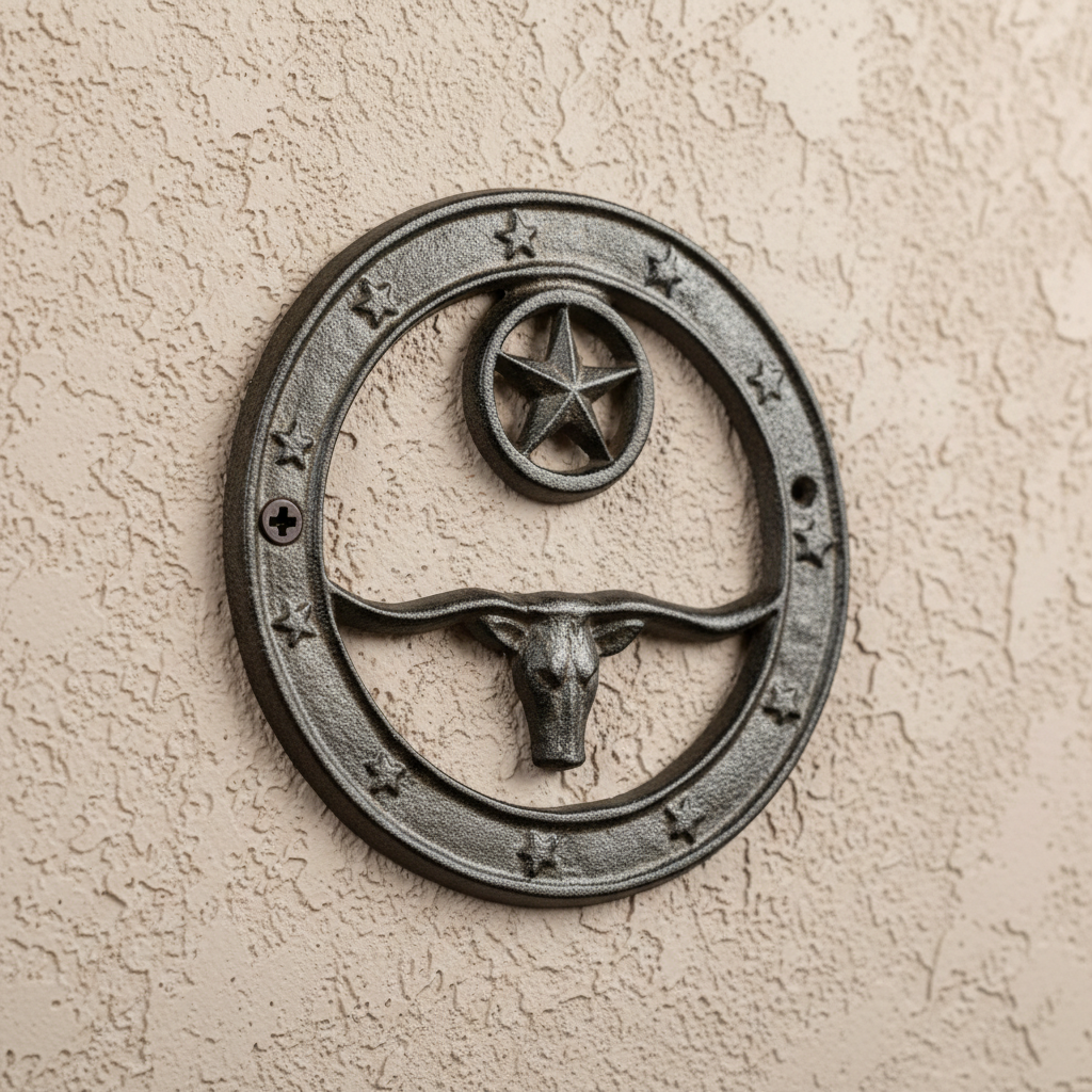 Longhorn and star cast iron wall plaque with decorative border and rustic aged finish