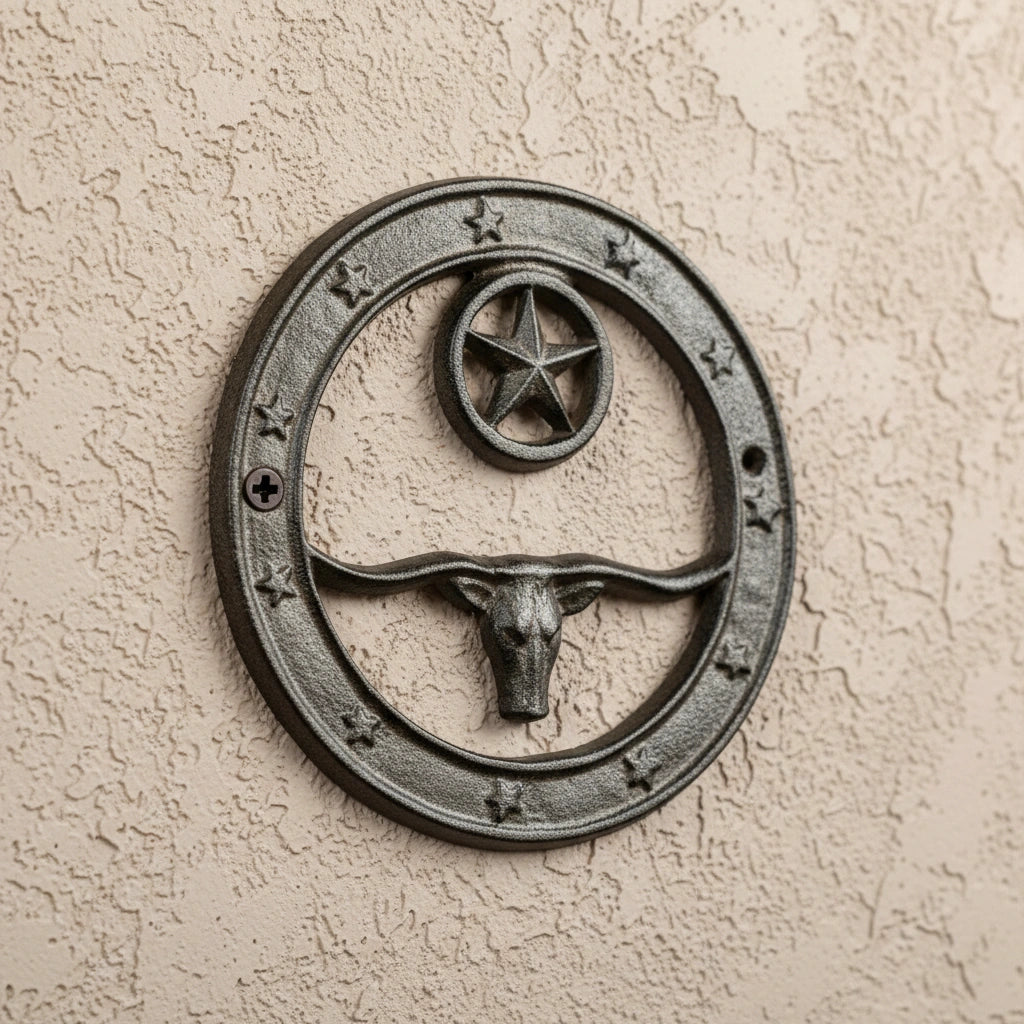 Longhorn and star cast iron wall plaque with decorative border and rustic aged finish