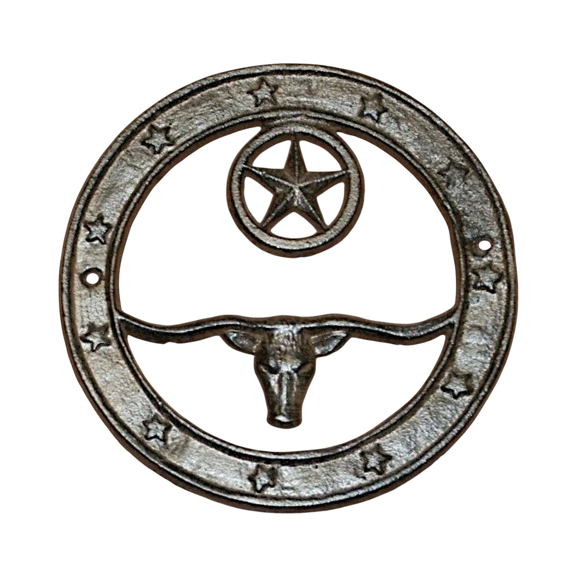 Circular cast iron western plaque featuring longhorn bull and star design wall decor