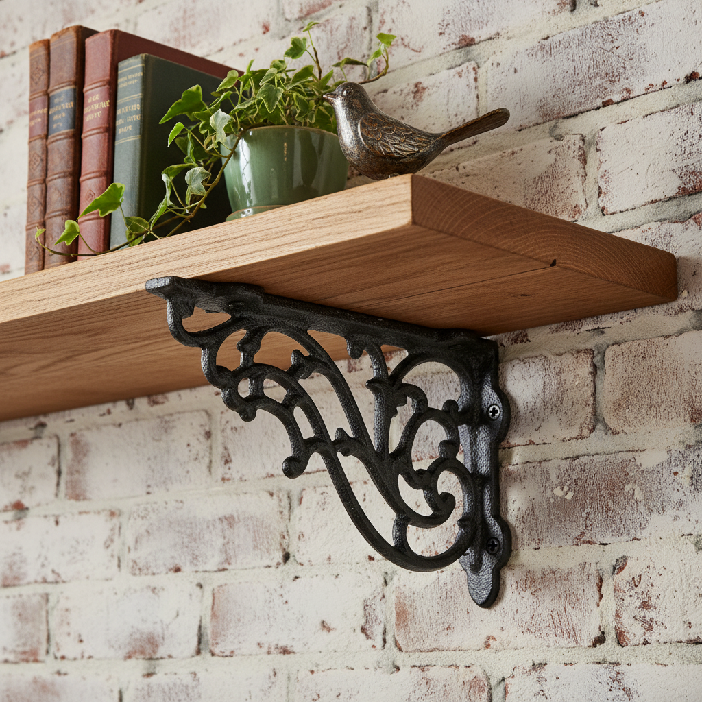 Black scrolled cast iron shelf bracket with ornate baroque design for rustic home decor