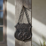 Cast iron Route 66 plaque with running horses and rope border with chain hanger