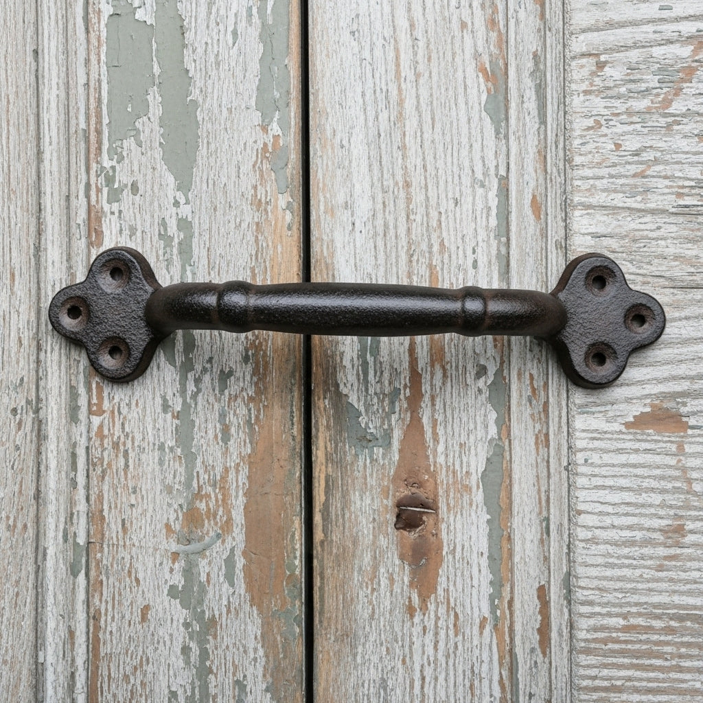 Vintage black cast iron door handle with ornate flanges on whitewashed farmhouse wood