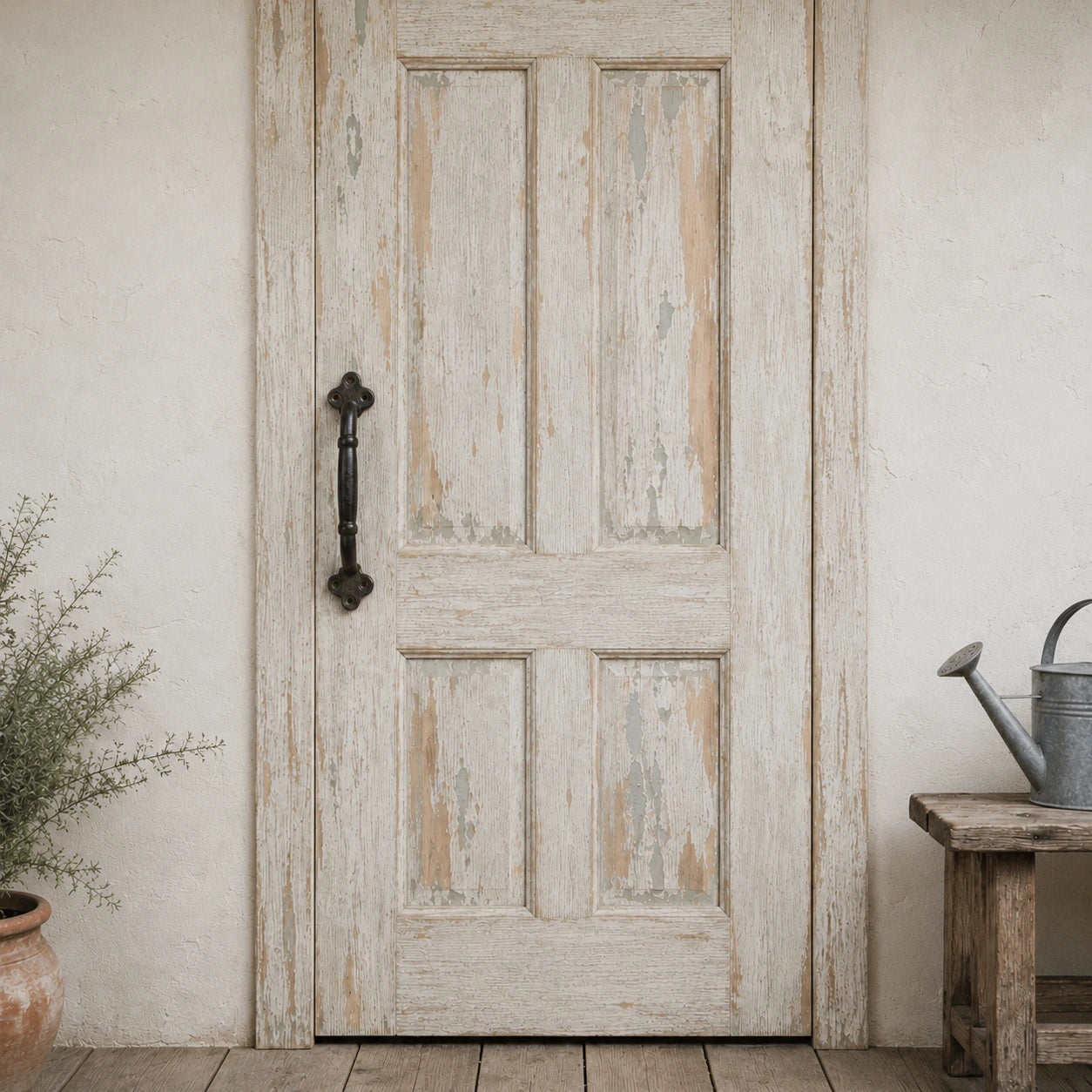 Distressed white wood door with black cast iron pull handle in a rustic entryway