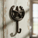 Rustic brown cast iron horseshoe hook with star, Western wall organizer accent