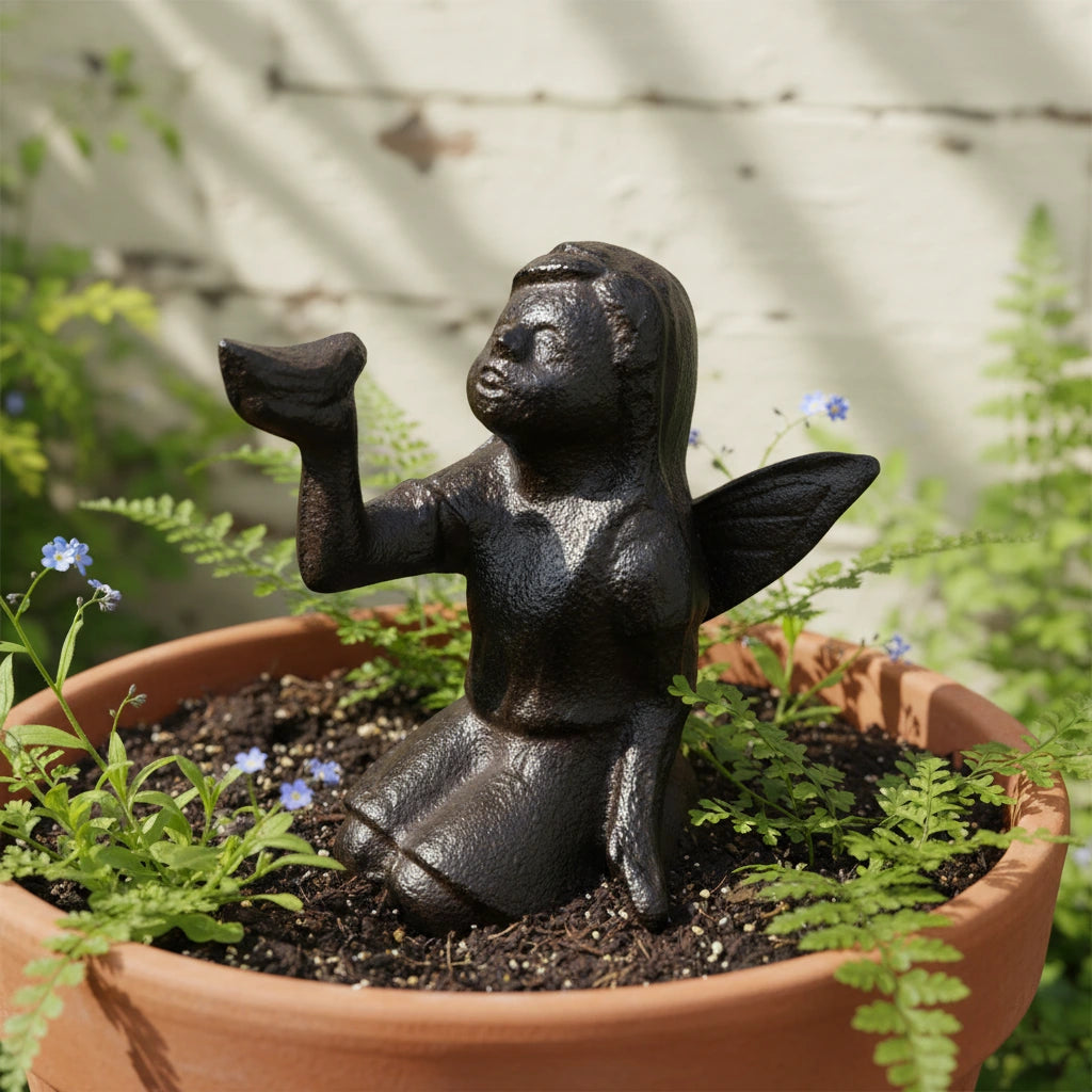 Black cast iron garden fairy statue with arms raised in celebratory pose