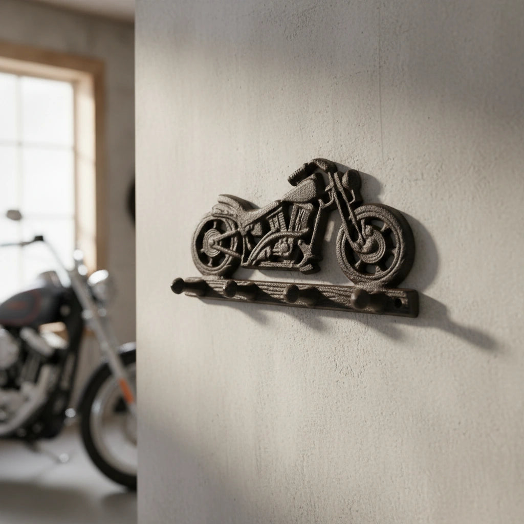 Motorcycle wall hook cast iron biker garage decor, vintage black silhouette