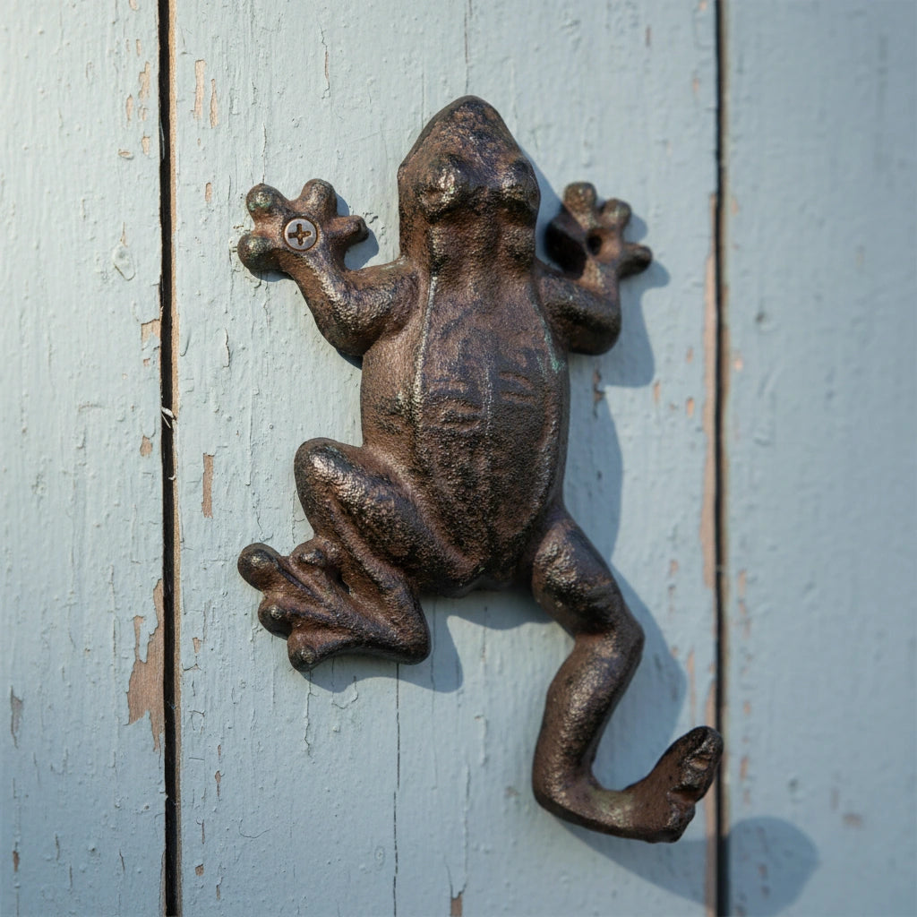Rustic cast iron frog wall hook with raised legs and detailed features, distressed brown finish