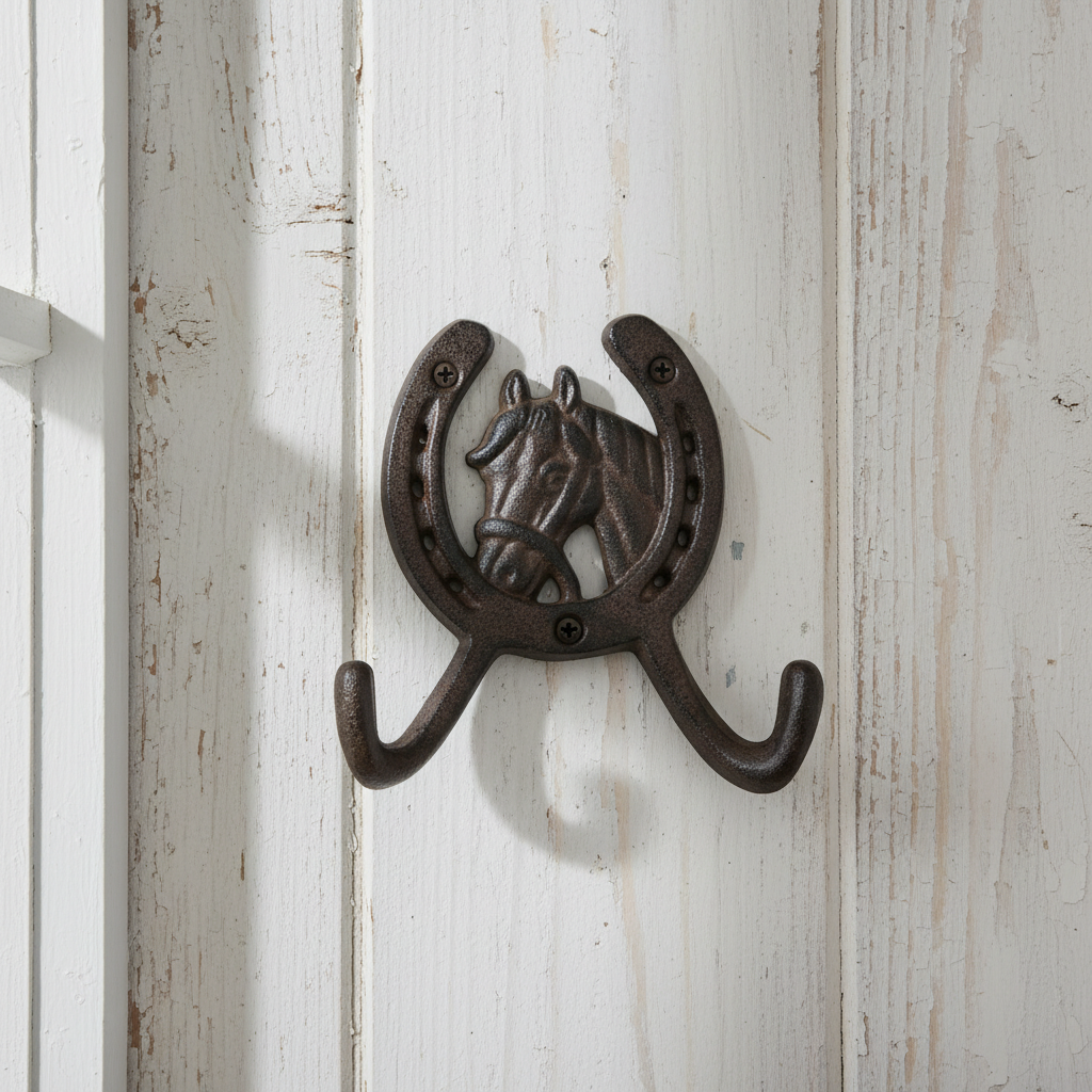 Cast iron horseshoe with detailed horse head design and double curved coat hooks