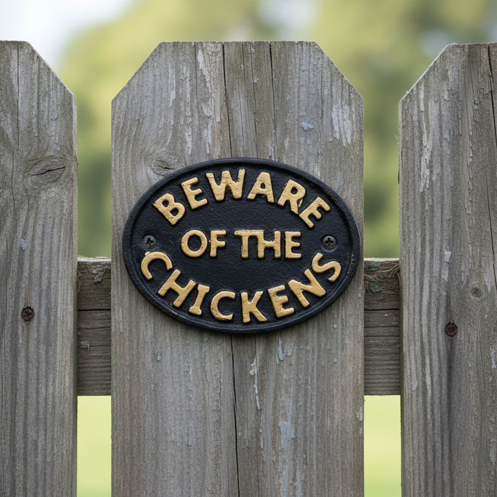 Black cast iron beware of the chickens oval plaque mounted on weathered wooden fence