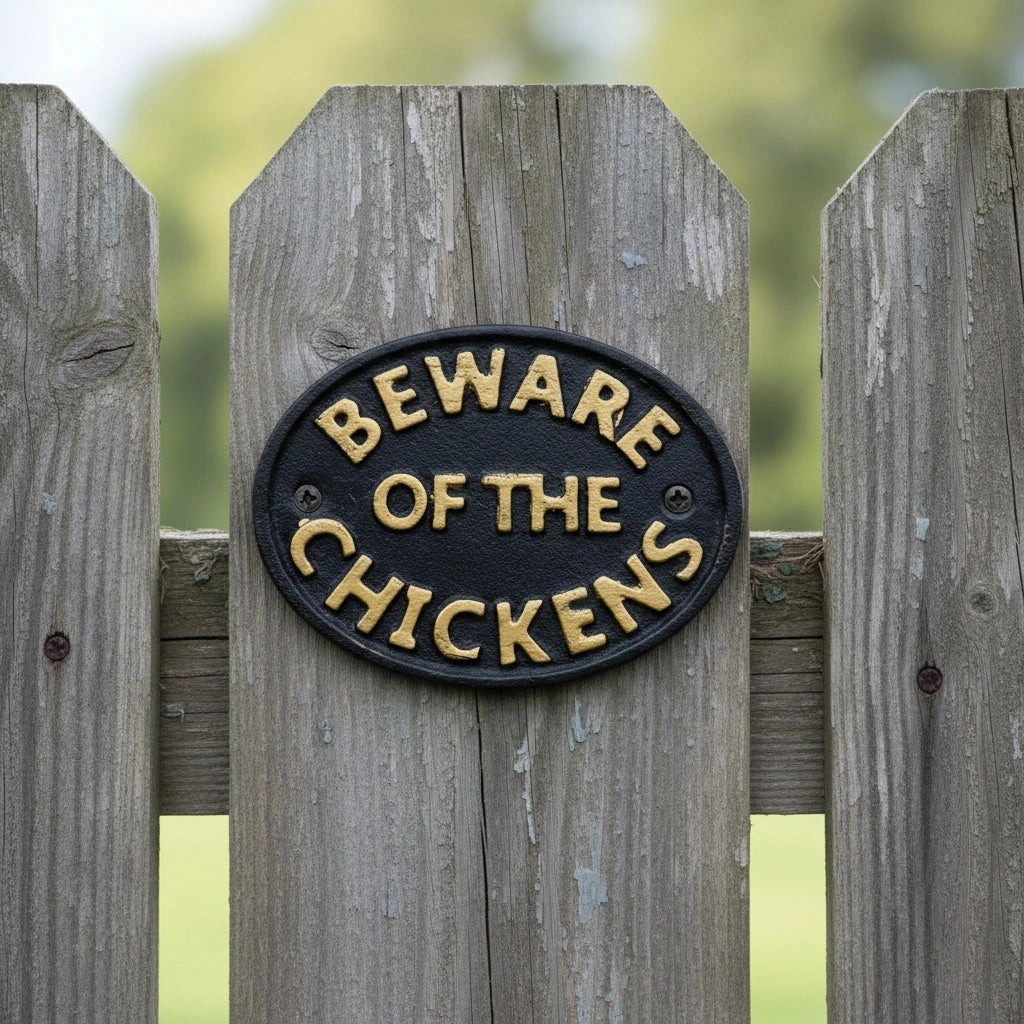 "Beware of the Chickens" Cast Iron Wall Plaque for Coop or Porch, 4.7" 58055 shot 1