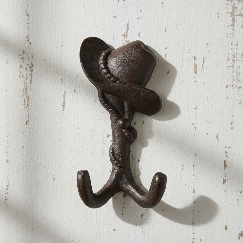 Cast iron hat with hooks country western wall rack black distressed finish
