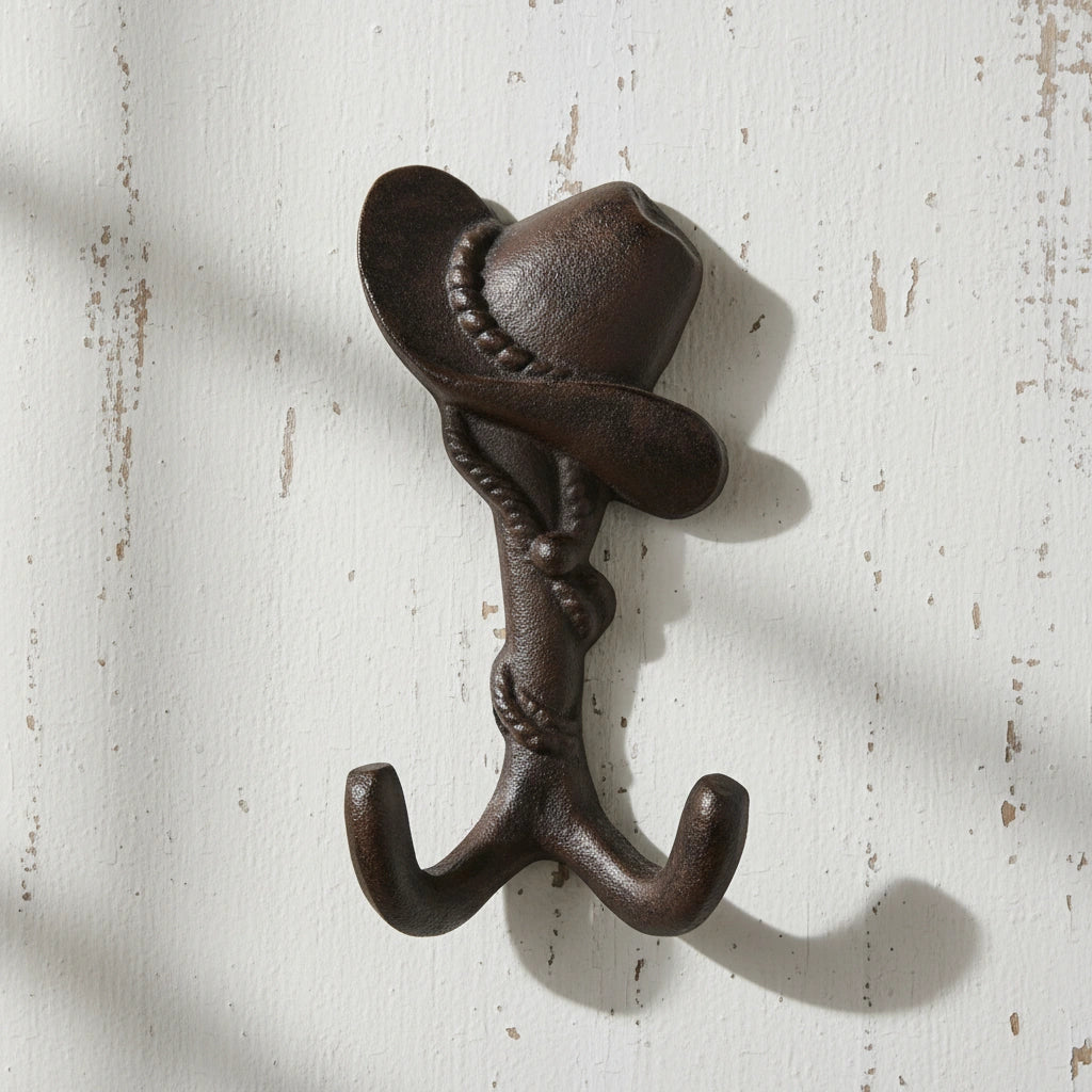 Cast iron hat with hooks country western wall rack black distressed finish