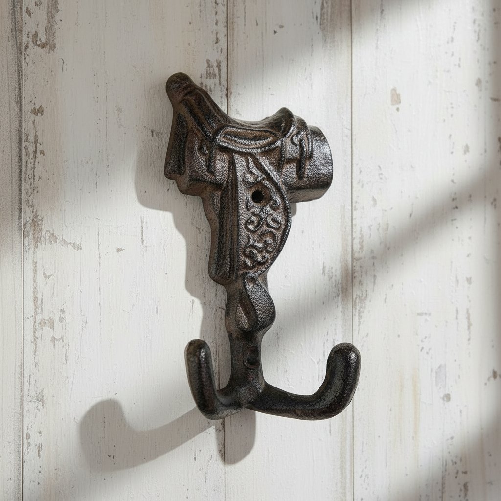 Cast iron horse saddle hook with ornate detailing and dual hooks, brown patina finish mounted on white shiplap