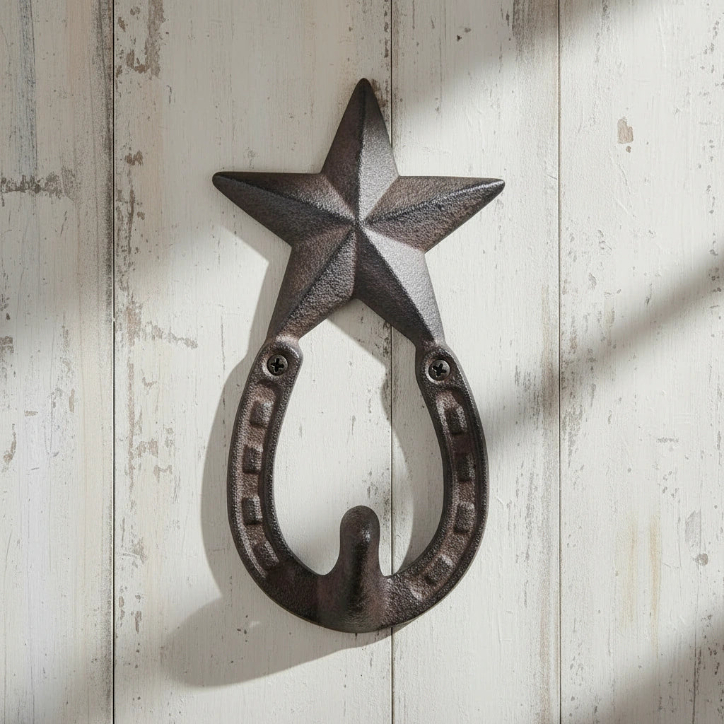 Cast iron star hook wall hanger with horseshoe base, dark finish, rustic western decor