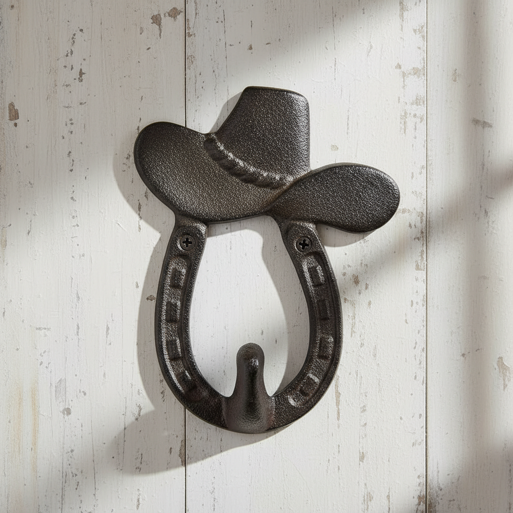 Cast iron saloon hat hook with horseshoe and cowboy hat top, blackened finish