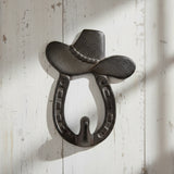 Cast iron saloon hat hook with horseshoe and cowboy hat top, blackened finish